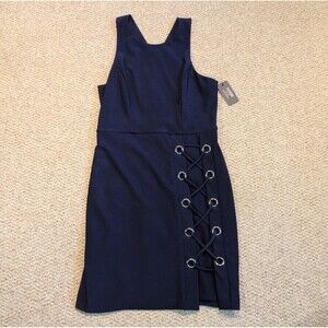 Guess Bodycon Dress Womens 12 Navy Blue Lace Up Side Grommet Sleeveless